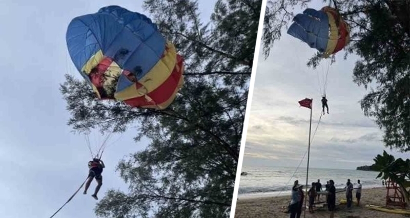 В Таиланде турист с парашютом "приветвился" на огромное дерево на пляже, его пришлось спасать краном