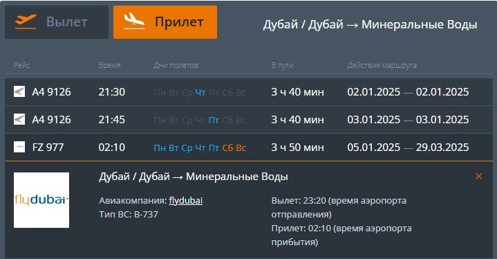 Рейсы в Дубай: сообщения о возобновлении полетов flydubai из Минвод с 3 января не подтвердились